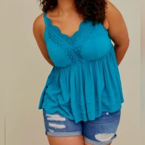 Torrid Crochet Babydoll Tank in Crinkle Gauze Teal Blue Size 2